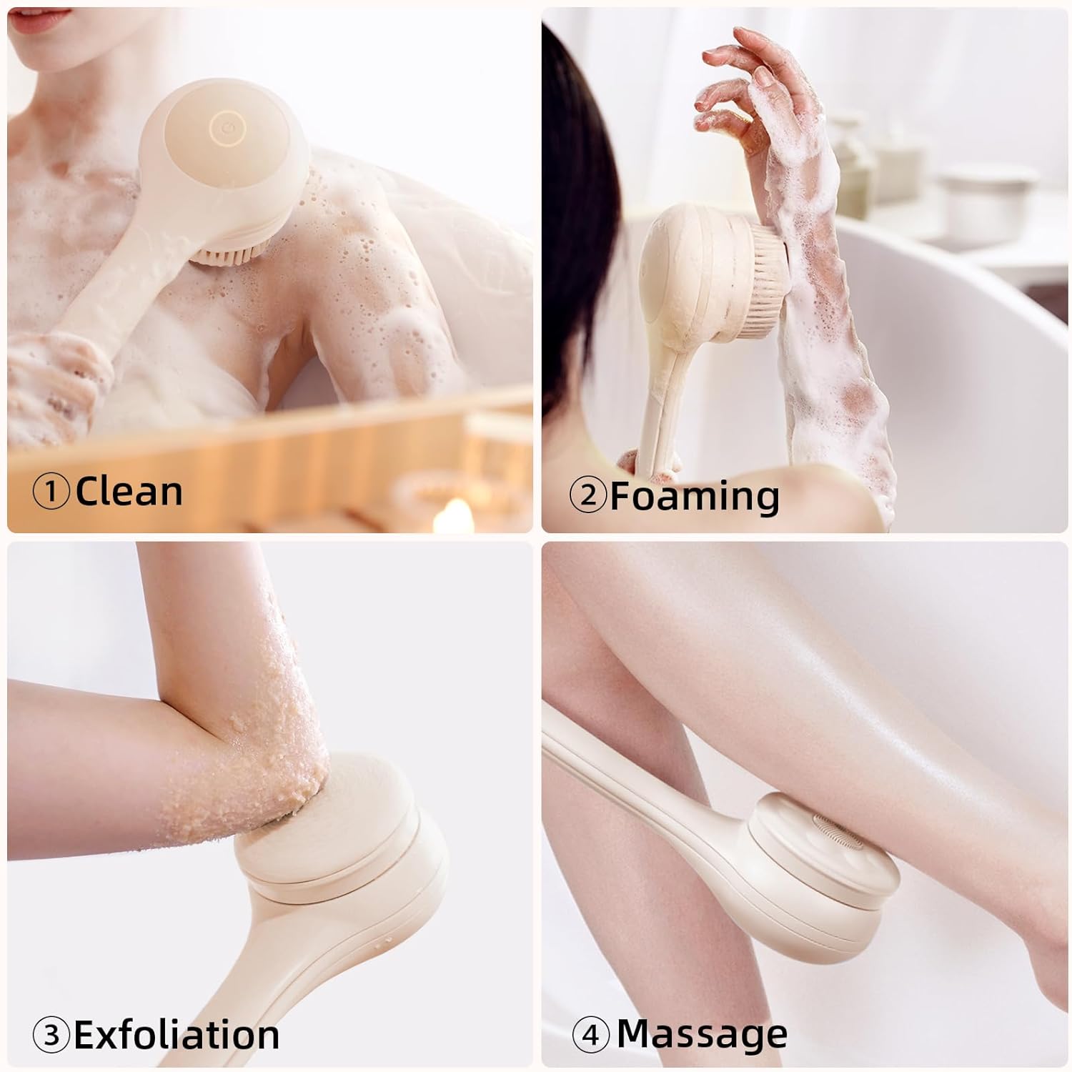 4-in-1 Electric Bath Brush Body Back Scrubber Waterproof Exfoliating Massage Spa USB Rechargeable Soft Bristles SG Stock